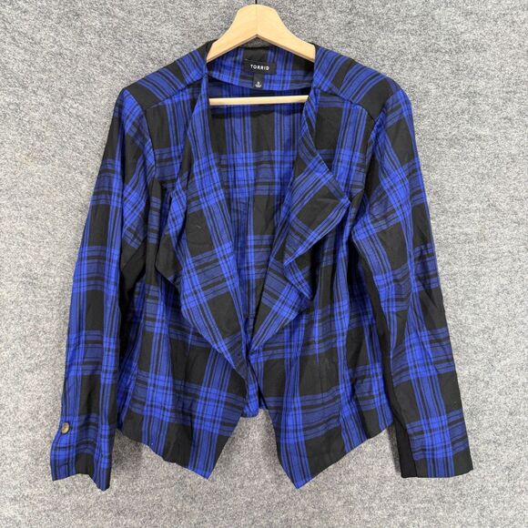 Torrid Top Women 0 Blue Plaid Collared Long Sleeve Open Front Rayon Casual - Picture 1 of 8